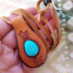 💙 American Turquoise: Blue Diamond Mine 70s - Folk Tooled Leather Necklace!